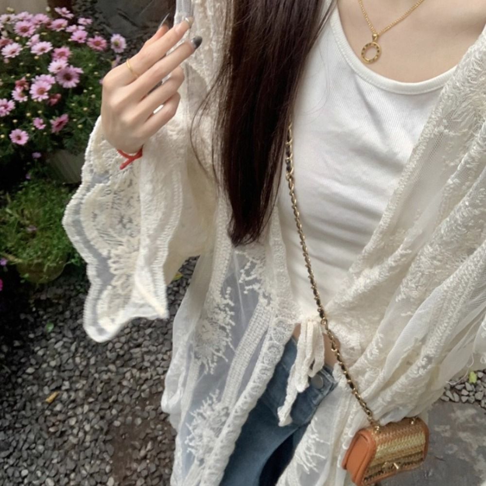 Lightweight Lace-Up Lace Blous - đánh giá và giá Kimono Sheer Floral