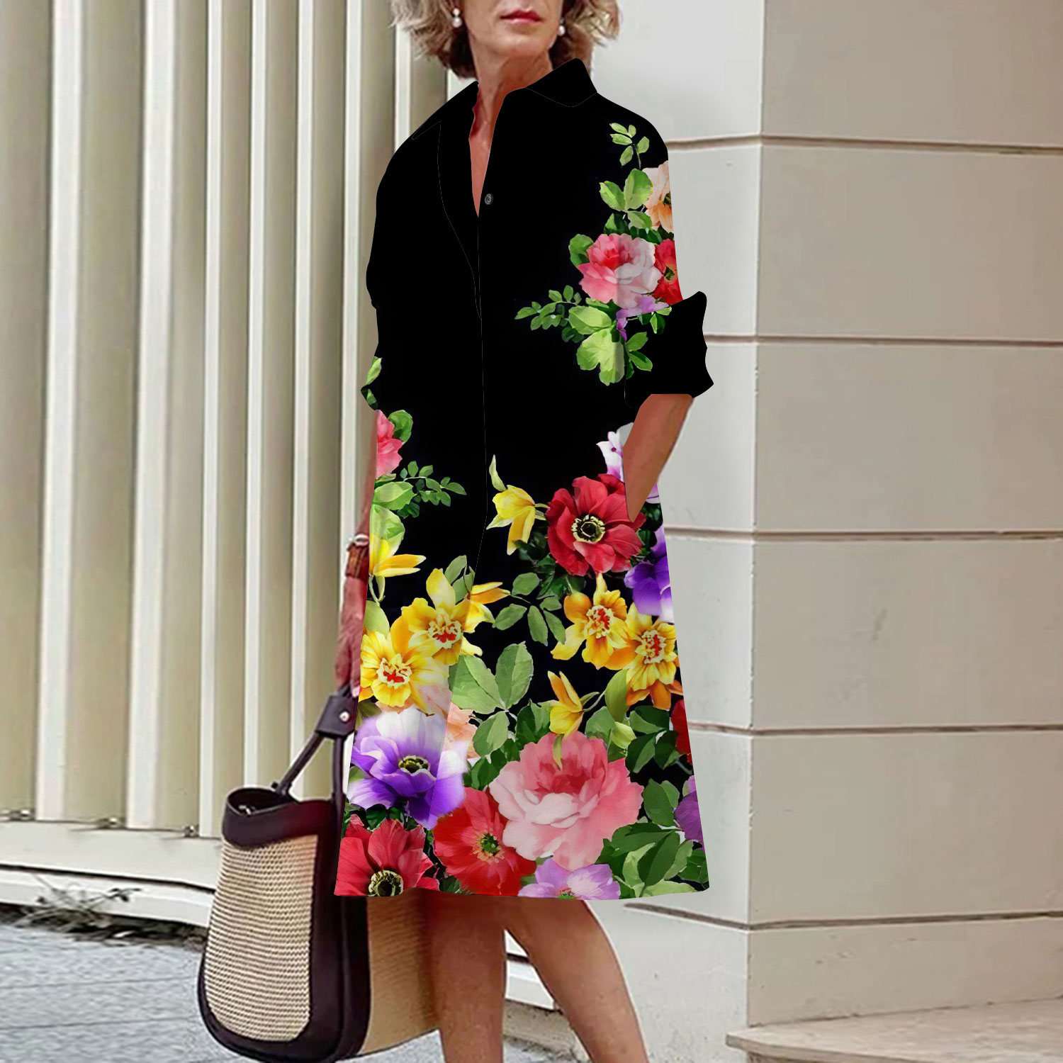Floral Pattern Shirt Dress Ele - đánh giá và giá Midi Skirt Floral