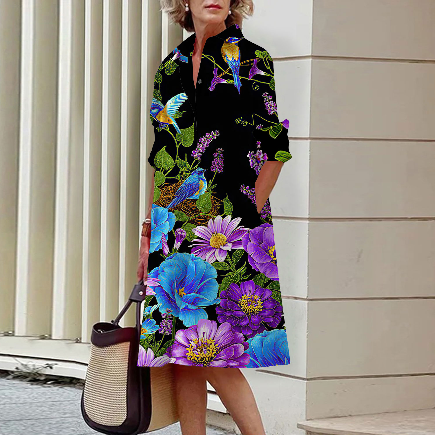 Floral Pattern Shirt Dress Ele - đánh giá và giá Midi Skirt Floral