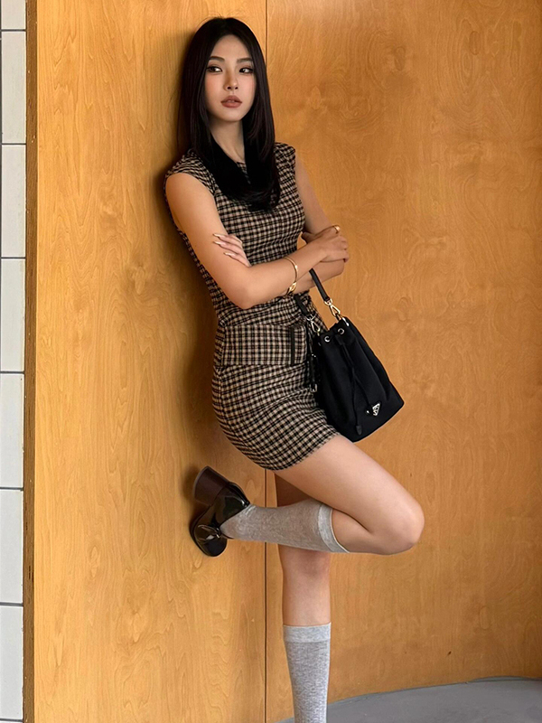Retro Korean Plaid Slimming Ve - đánh giá và giá Linen Dress Wrap