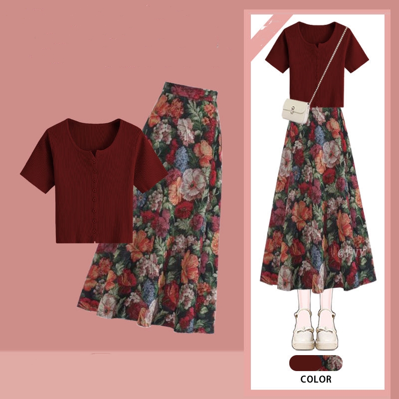 Women Lucky Wine Red T-Shirts  - đánh giá và giá Midi Skirt Floral