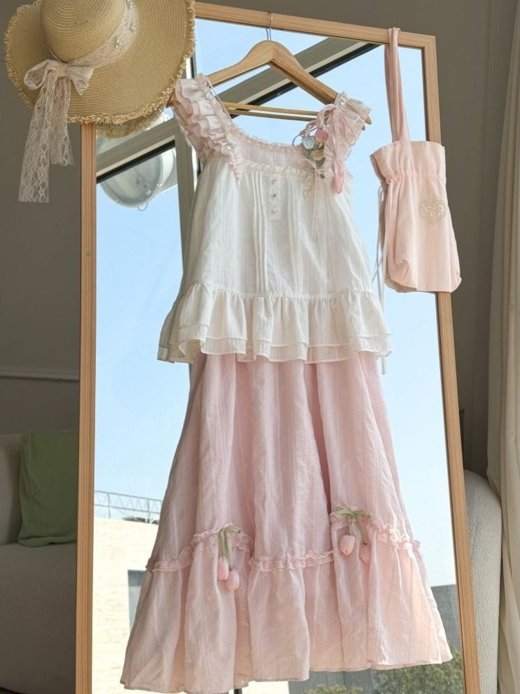 Sweet Kawaii Ruffle Trim Tulip - đánh giá và giá Midi Skirt Floral