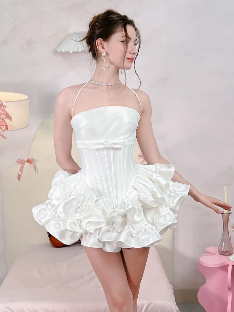 Women Pink White Lace-up Dress - đánh giá và giá Maxi Dress Halter